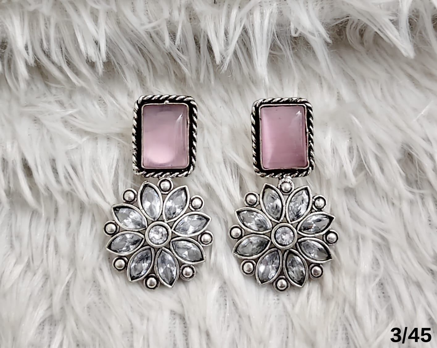Rectangular Stone Drop Earrings with Floral Crystal Design