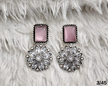 Rectangular Stone Drop Earrings with Floral Crystal Design