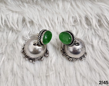 Minimal Oxidized Dome Jhumka Earrings with Stone Stud