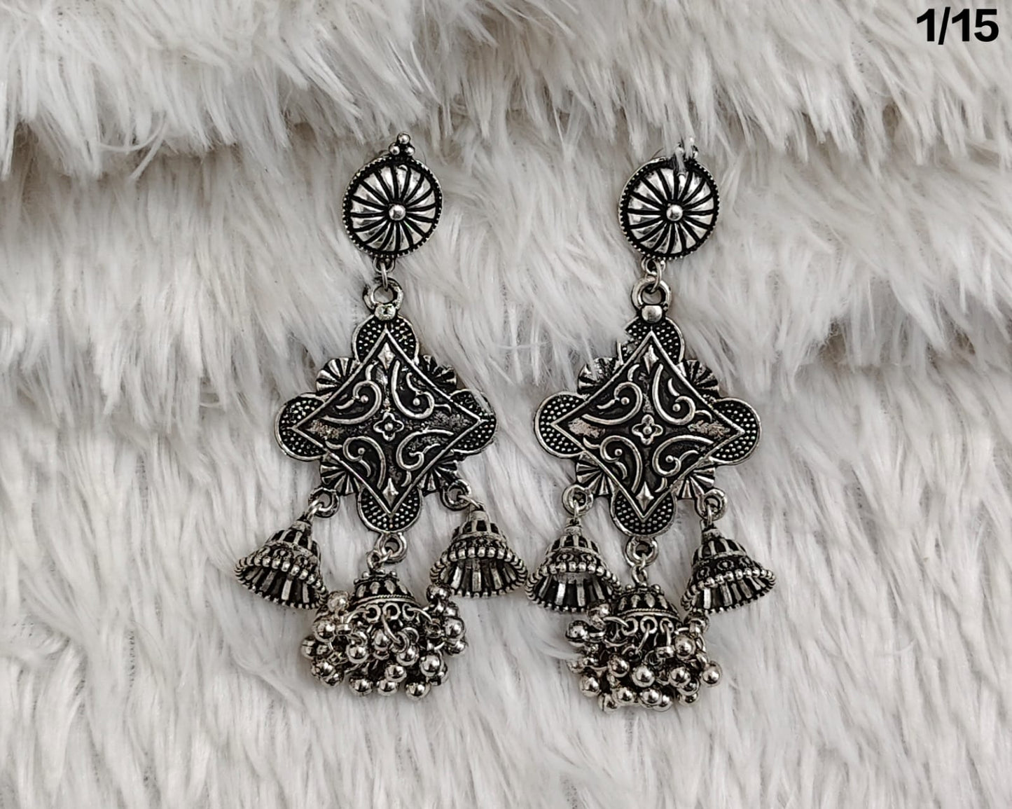 Elegant Silver Oxidized Dangling Earrings with Bell Charms