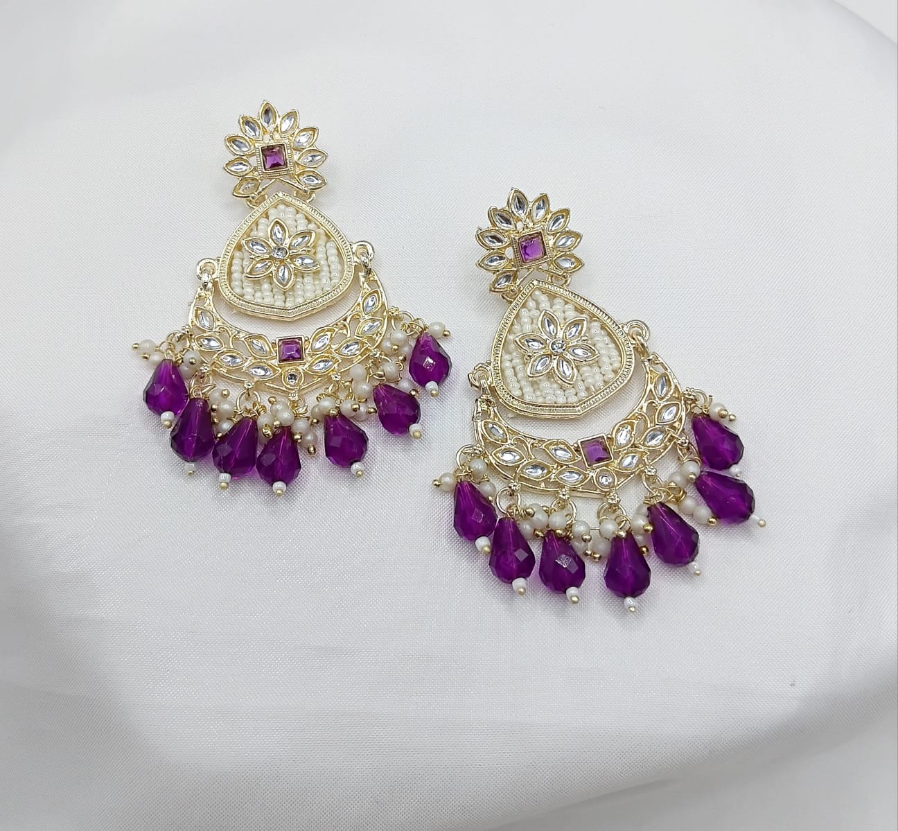 Floral Design CZ Beaded Drop Earrings