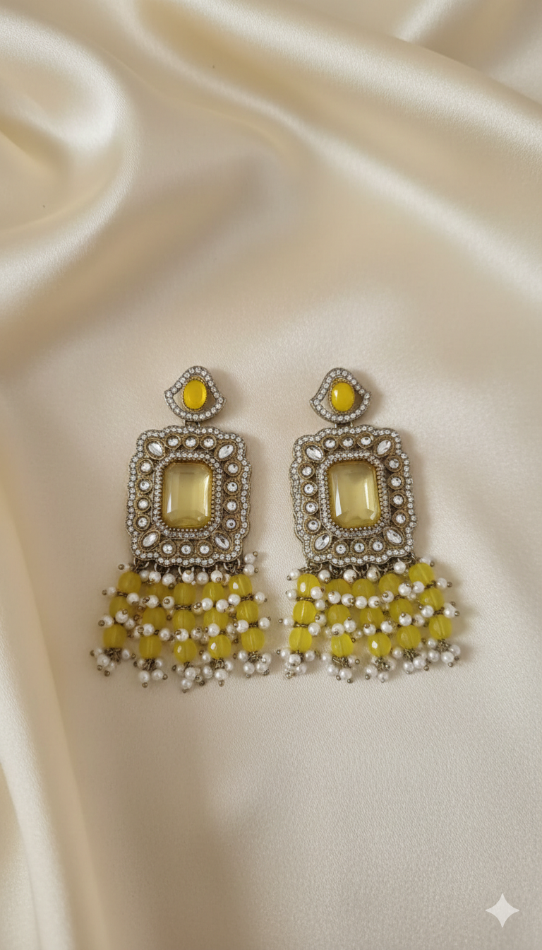 Pastel Pink & Gold Rectangle Chandelier Earrings