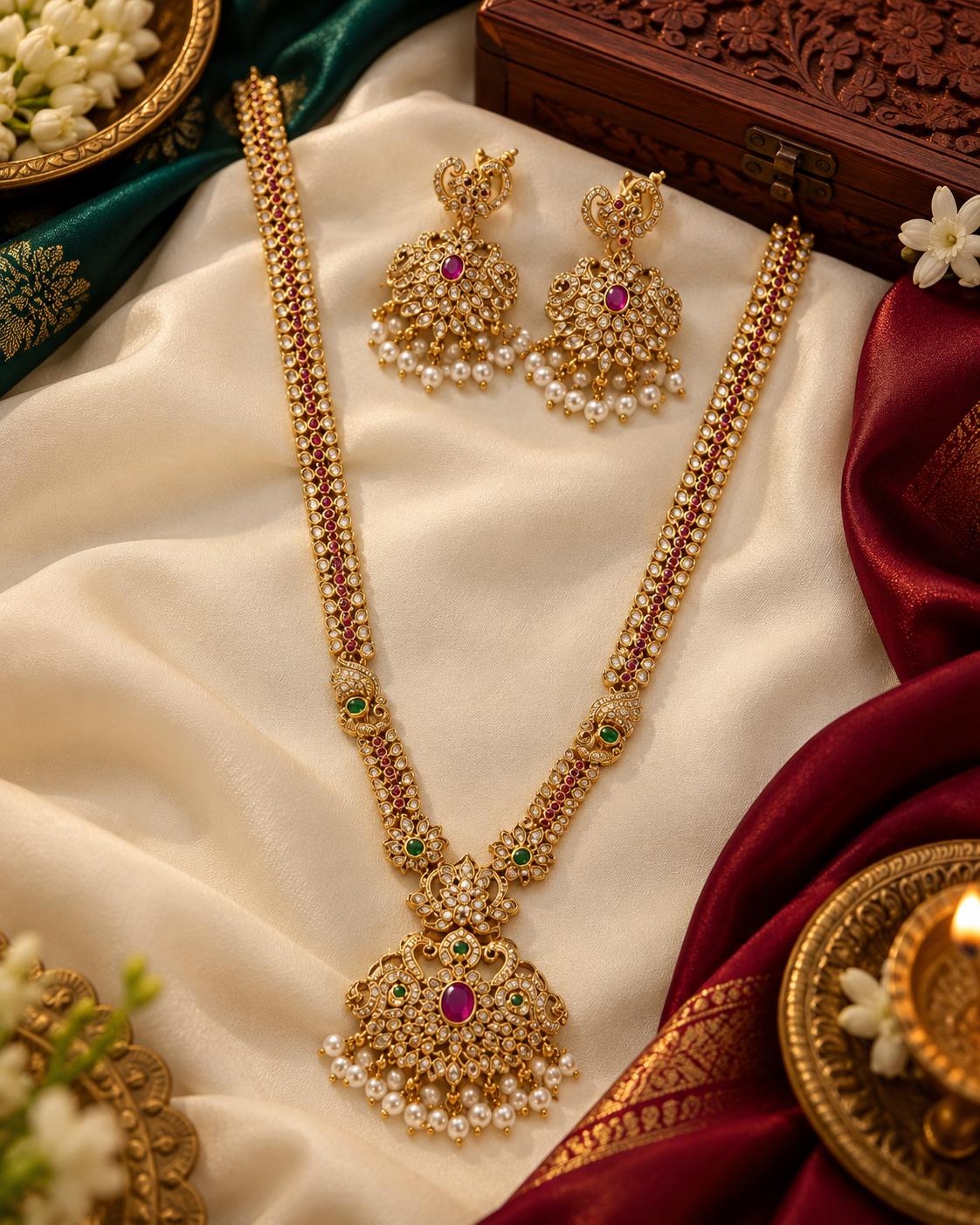 Traditional Gold Plated Peacock Drops Necklace With Earrings For Woman & Girls
