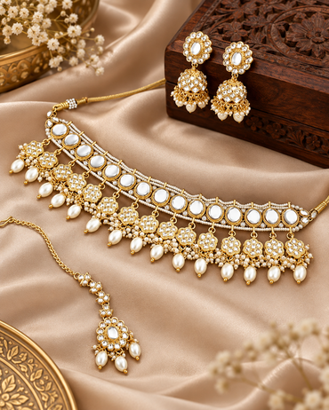 DESIGNER ANTIQUE POLISH PATWA NECKLACE SET WITH MAANG TIKKA FOR GIRLS & WOMEN