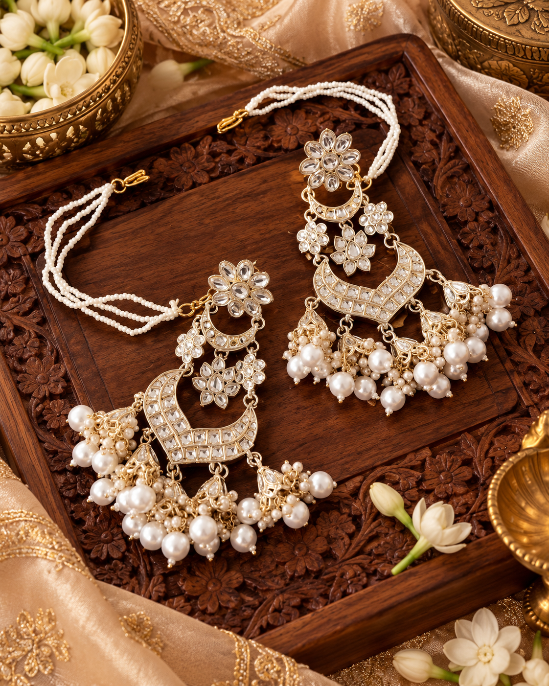 Ethnic White Kundan & Pearl Earrings with Hair Chain For Woman