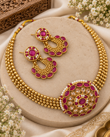 Copper Gold-Plated Bead Necklace with Ruby & Emerald Stones