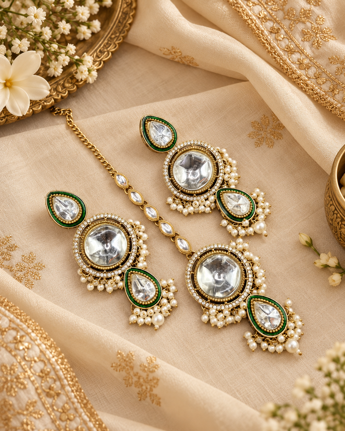Round Shape Stone & Pearl Drop Earrings with Maang Tikka Set