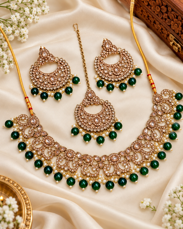 Antique Gold Cubic Zirconia Choker Set with Earrings & Maang Tikka