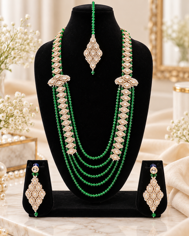 Multi-Layer Crystal Bead Long Mala Set with Floral CZ Motifs, Earrings & Maang Tikka