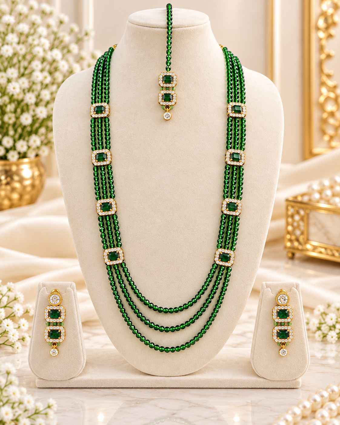 Handcrafted Multi-Strand Crystal Rani Haar & Earring Set