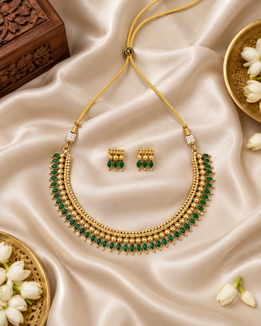 Gold Pladet Temple Jewelry Set Necklace with Matching Earring For Woman