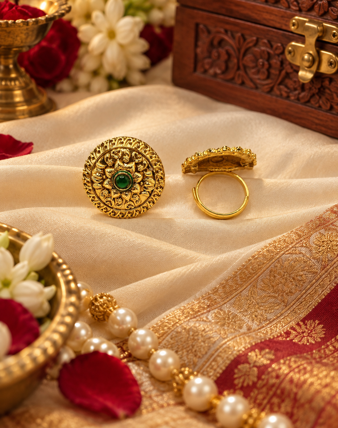 Traditional Embossed Floral Motif Adjustable Ring