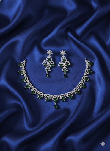 Vibrant Green and White American Diamond Link Necklace Set