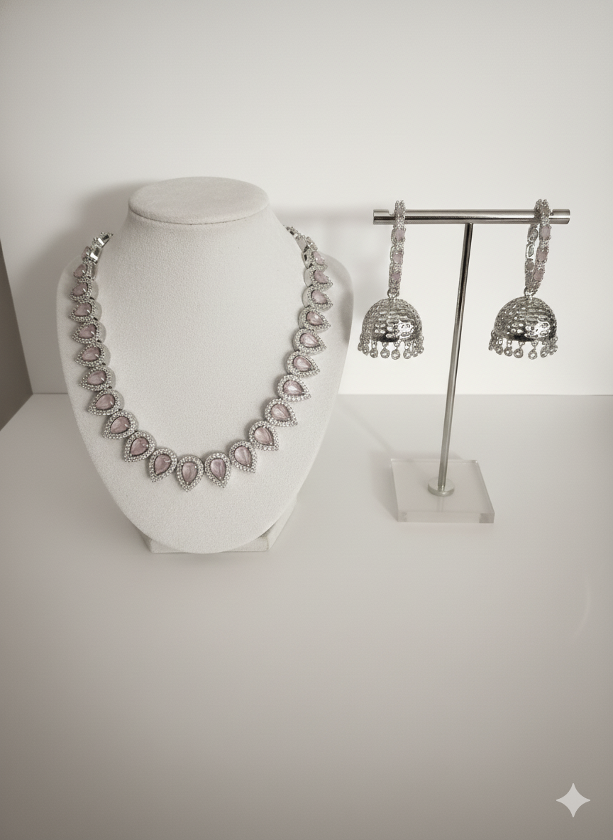 Pink CZ Crystal Teardrop Choker & Antique Jhumki Earring Set