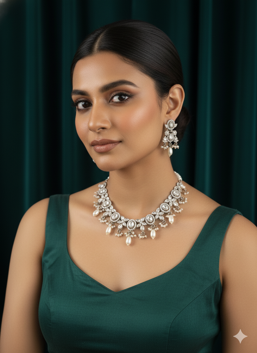 "Maharani" White Pearl Floral Choker & Crystal Drop Set