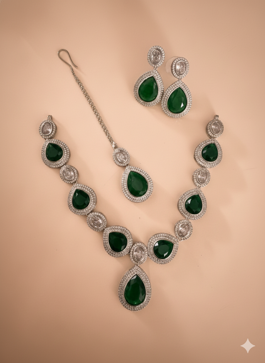 Green Teardrop Heirloom Style Emerald AD Jewelry Set