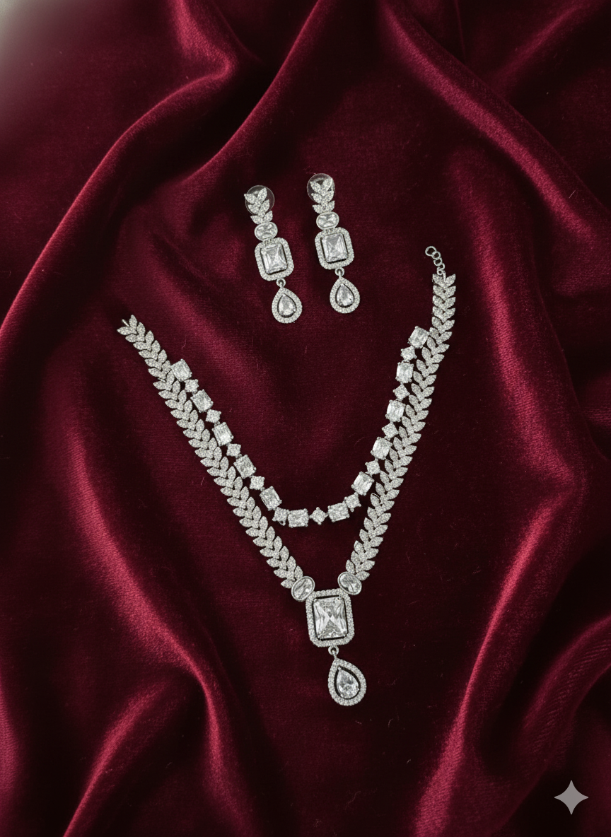 Elegant AD Silver Tone Two-Tier Necklace and Dangle Earring Set