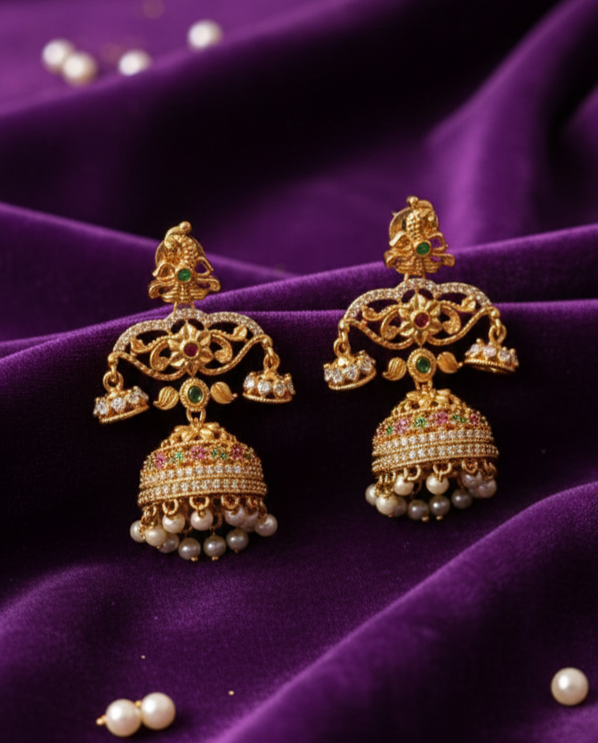 Regal Gold plating Jhumka With Drops Earrings For Woman & Girl
