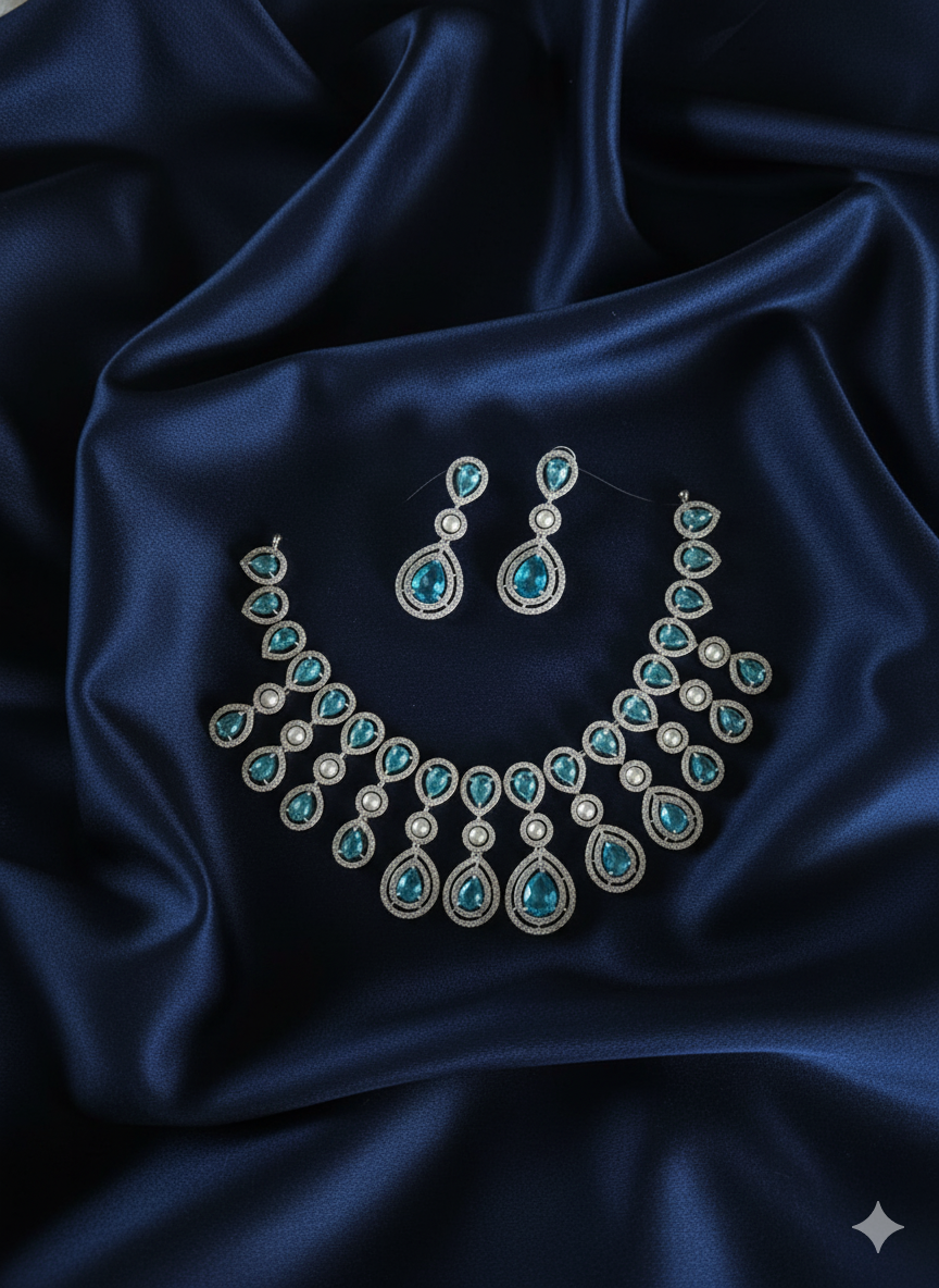 Silver Plated Teardrop Aquamarine & Diamond Halo Necklace Set