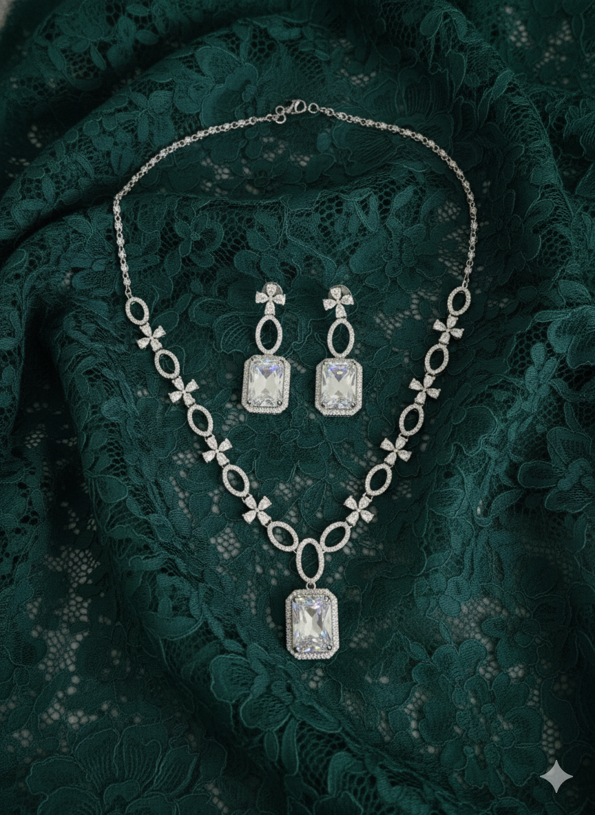 Elegant White AD Stone Emerald Cut Necklace Set