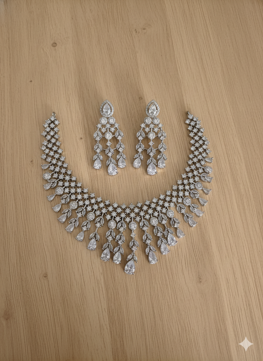 Grand White Stone Wedding Necklace & Earrings Set