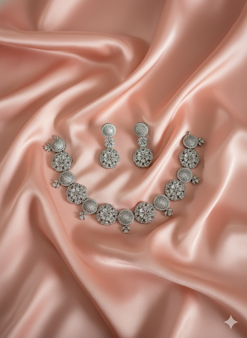 Intricate American Diamond Flower Motif Necklace Set