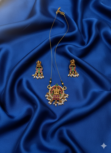 Antique Matte Gold Lakshmi Temple Ruby and Emerald Green Pendant Set For Woman