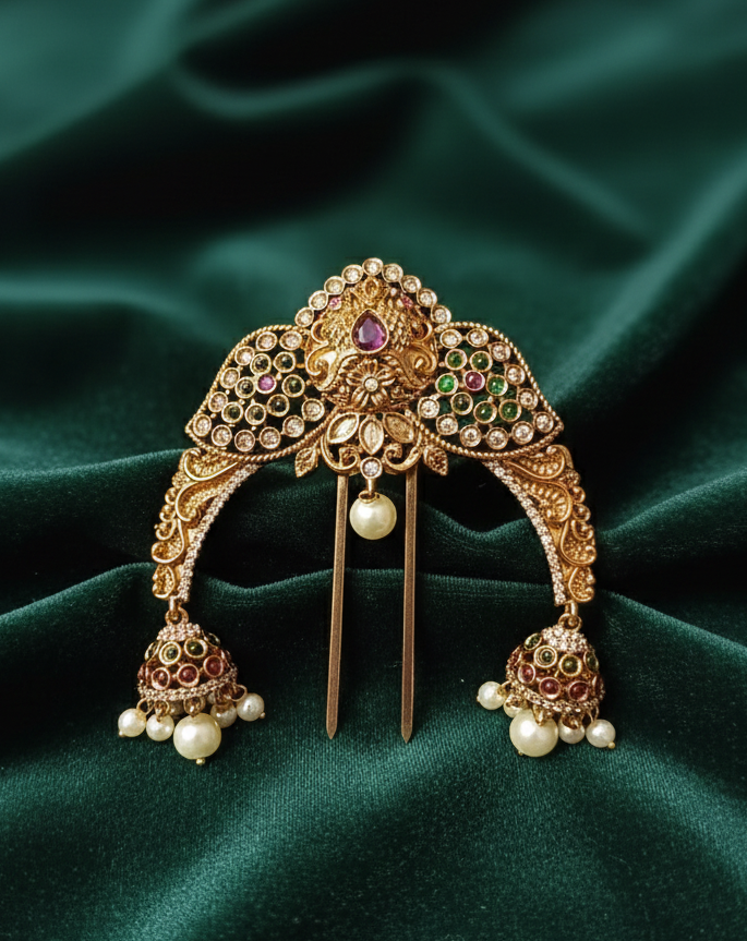Vintage Gold Temple Hair Brooch Traditional Stone Encrusted Jhumka Hair Pin