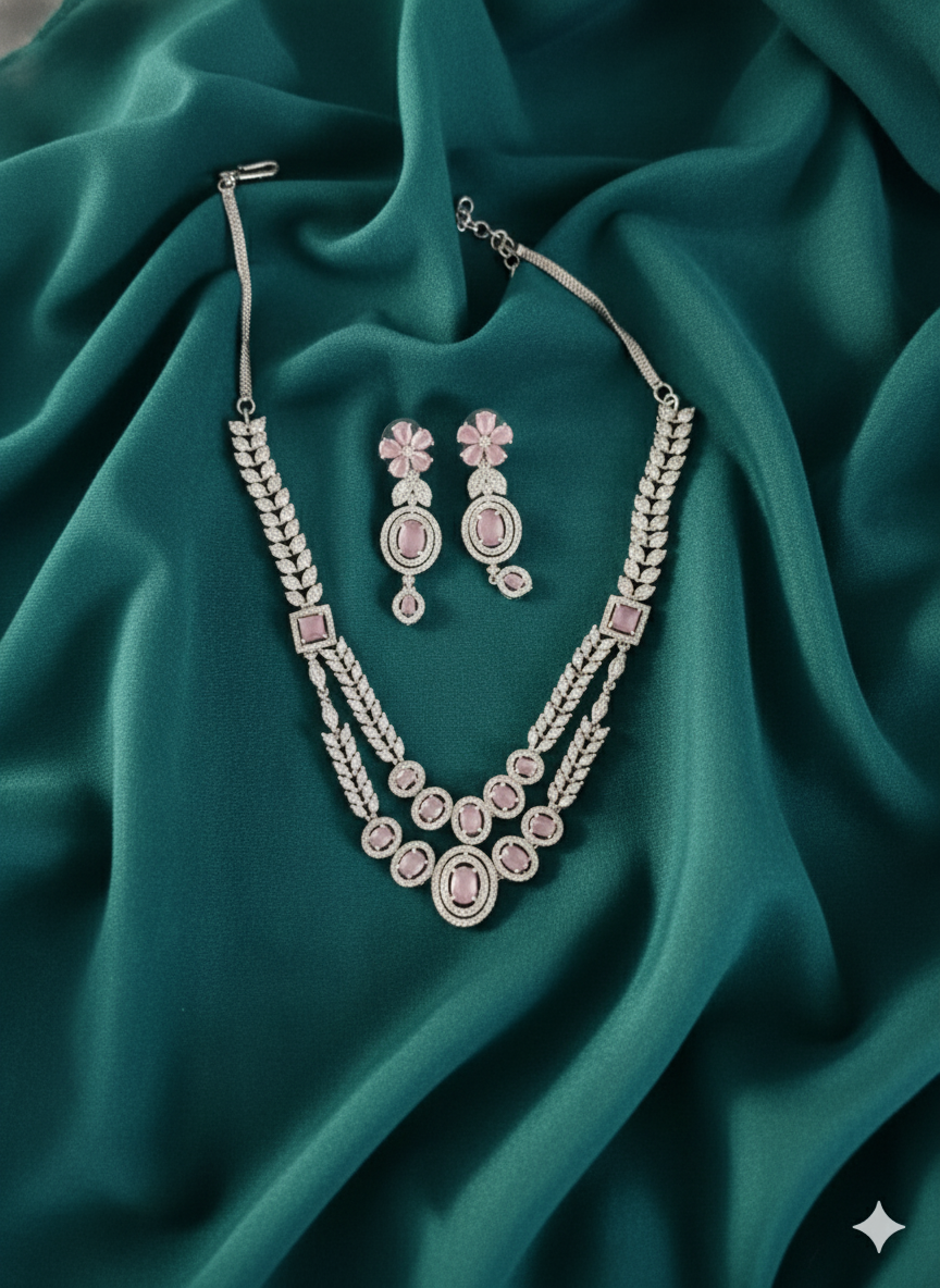 Rose Pink Petal Motif Wedding Statement Jewelry Set