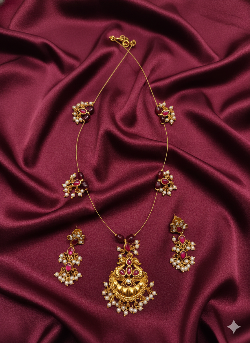 Traditional Matte Gold Plated Ruby and Pearl Necklace Set Peacock Pendant For Woman