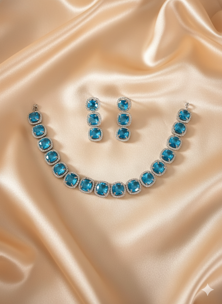 Silver Toned Blue Sparkle Cushion Cut Jewelry Set