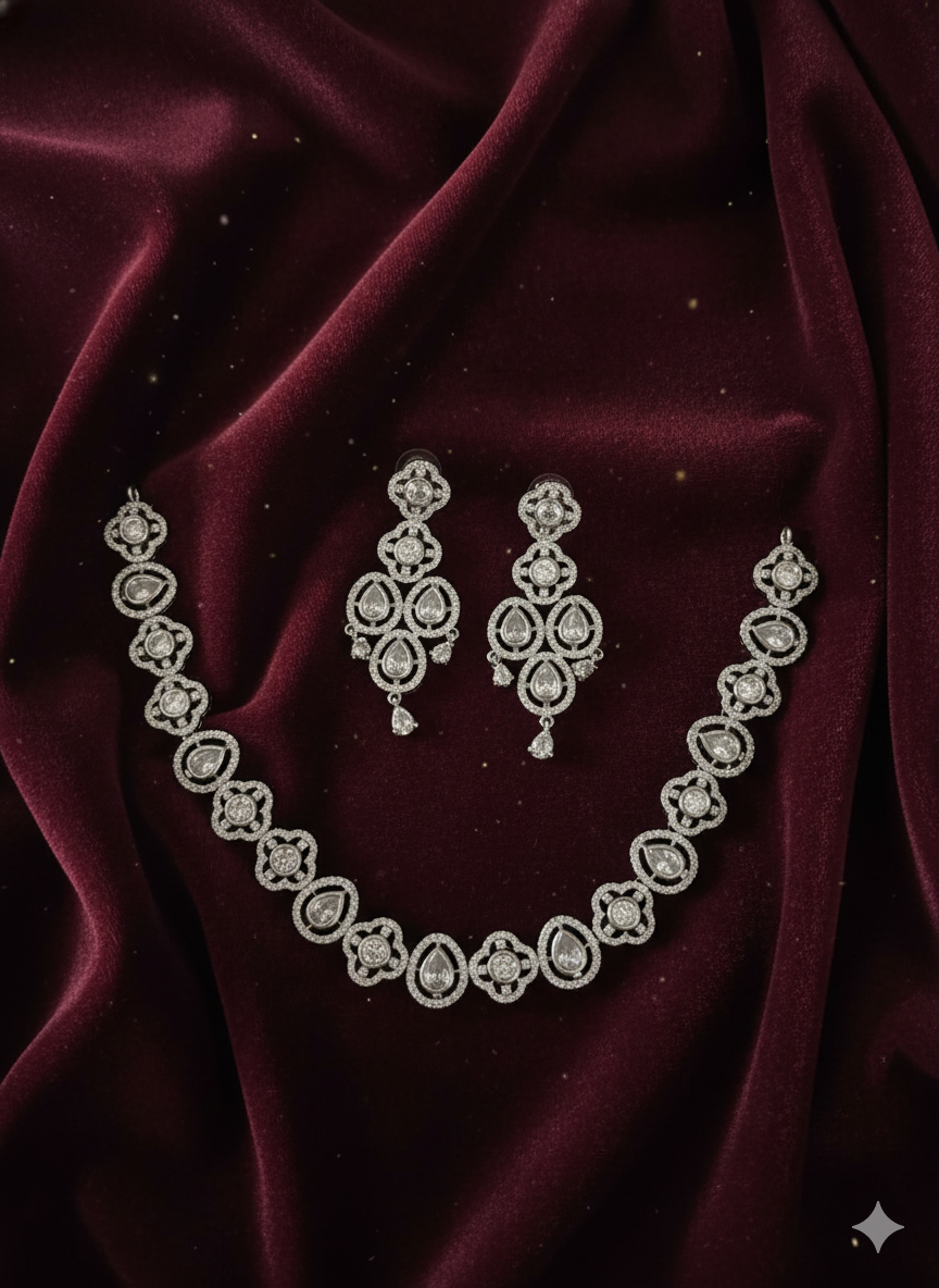 Luxurious White Stone Cluster Necklace Set