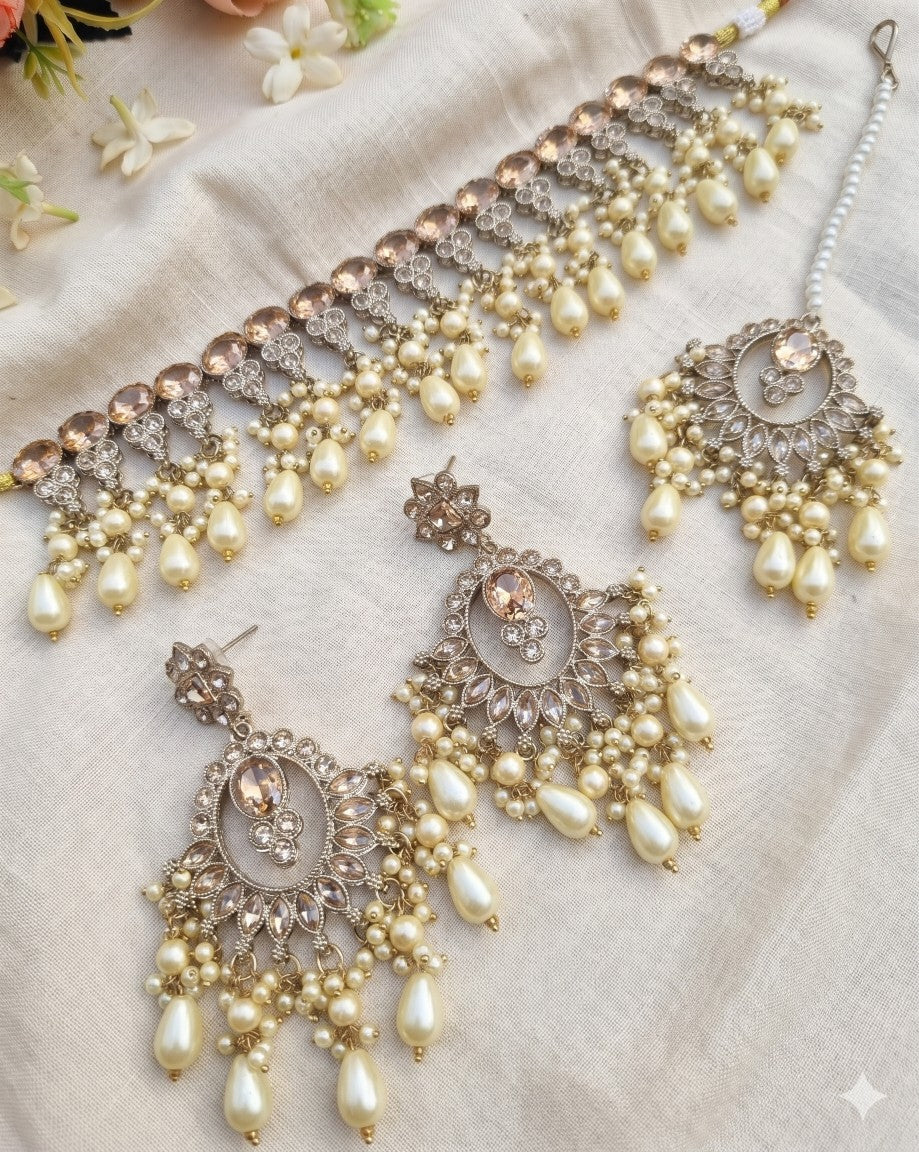 Crystal Choker Necklace Set with Chandbali Earrings & Maang Tikka