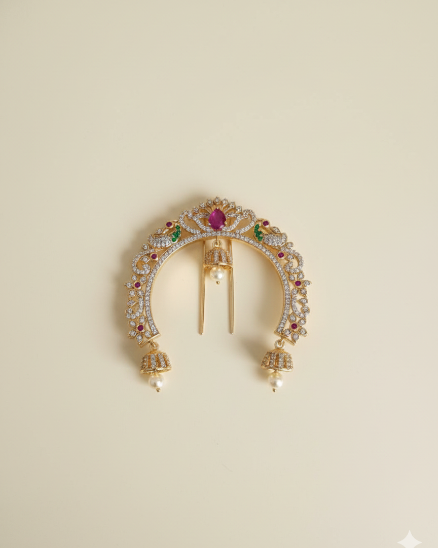 Vintage Gold Temple Hair Brooch Traditional Stone Encrusted Jhumka Hair Pin