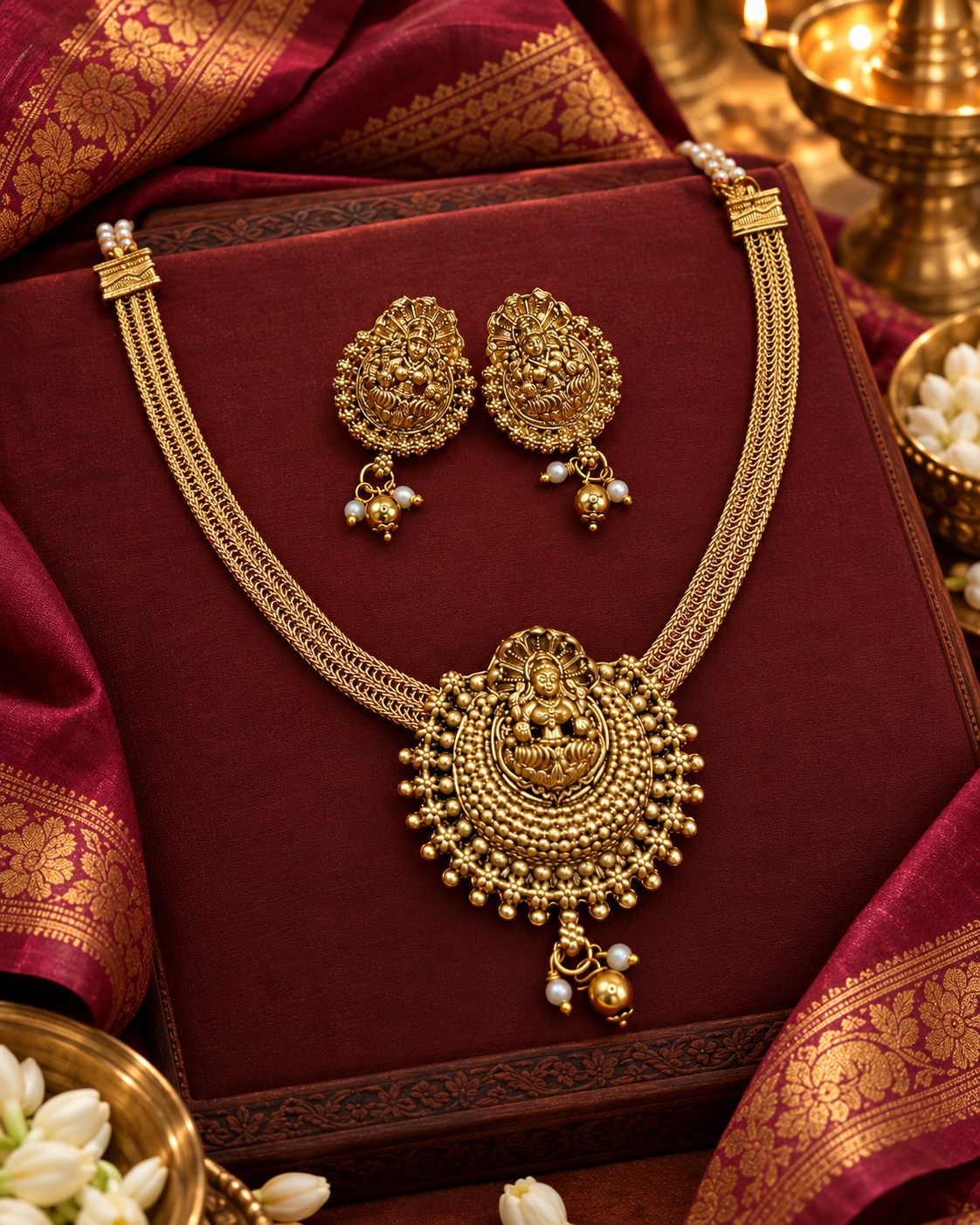 Gold Mesh Chain Lakshmi Sunburst Pendant Necklace Set