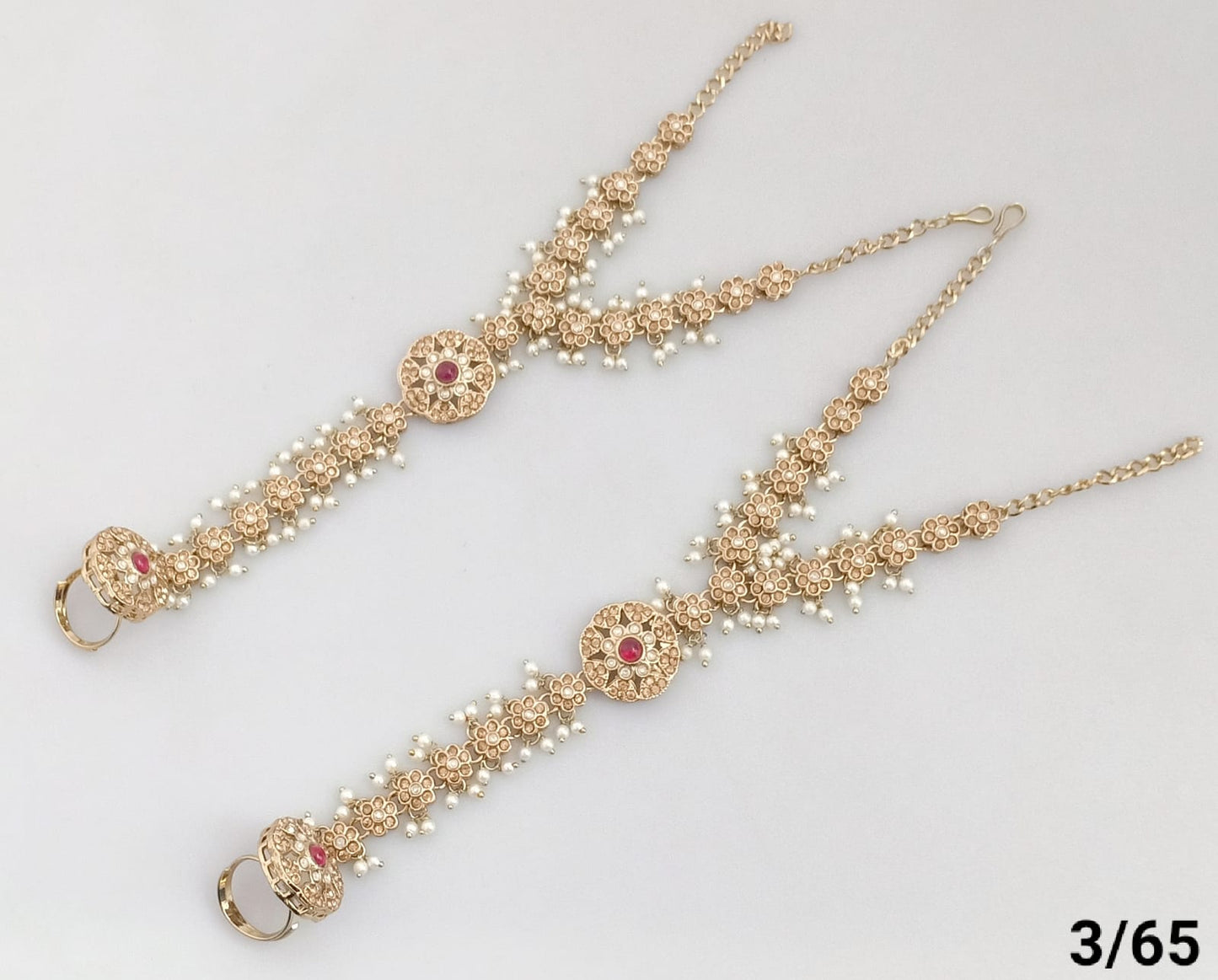 Elegant Gold Floral Pearl Hand Harness Bracelet Set with Gemstone Accent