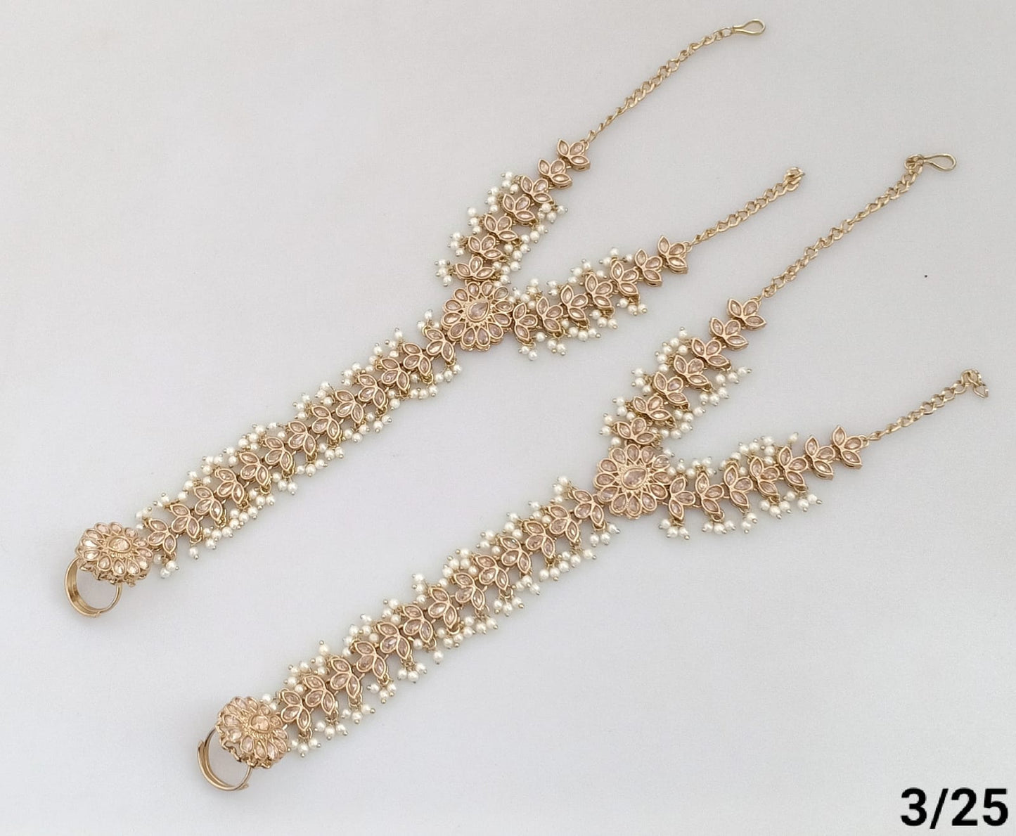Elegant Gold Floral Pearl Hand Harness Bracelet with Stone Accent - Lucentemarket