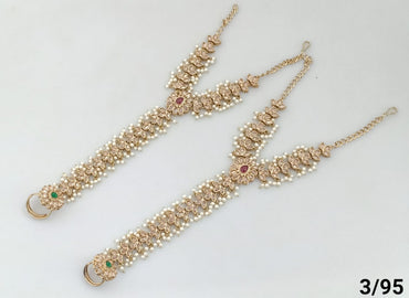 Elegant Gold Floral Pearl Hand Harness Bracelet with Stone Accent - Lucentemarket