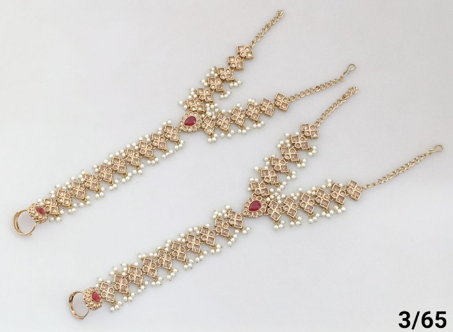 Elegant Gold Plated Traditional Hand Harness Bracelet with Gemstone and Pearl Accents