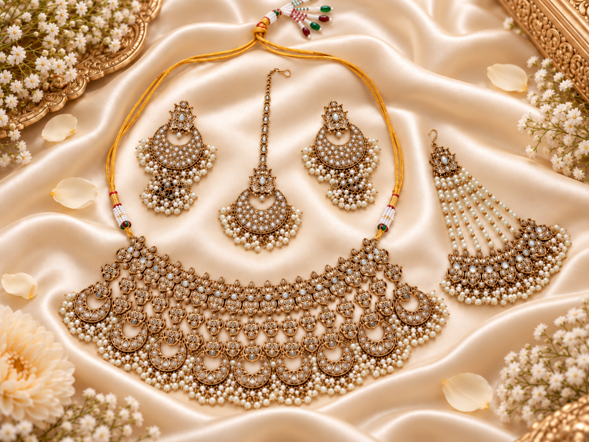 Baby Pink Champagne Bridal Choker Set With Earring set
