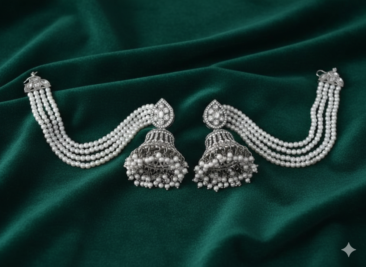 Sahare Jhumka Set Rhodium Finish with Multi-Layered Pearl Chains