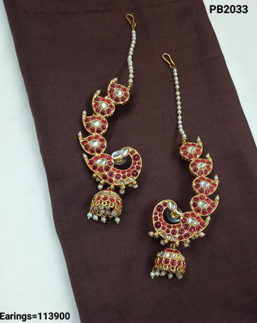 Traditional Kundan Peacock Jhumka Earrings with Pearl Chain – Red & Green Enamel Finish