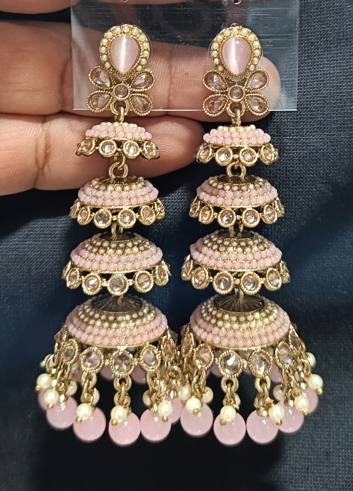 Multi-Tier CZ Jhumka Earrings with Dangling Beads - Lucentemarket
