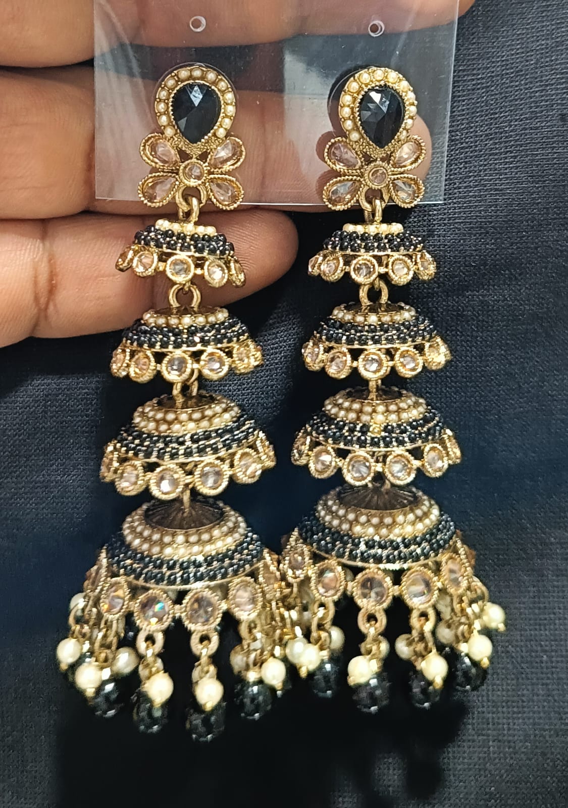 Multi-Tier CZ Jhumka Earrings with Dangling Beads - Lucentemarket