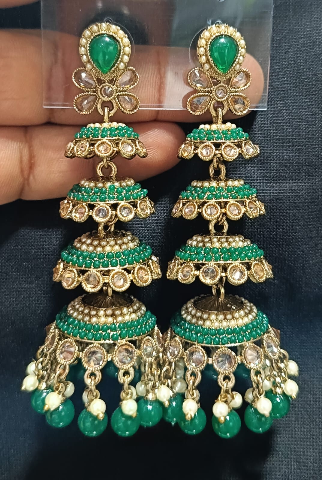 Multi-Tier CZ Jhumka Earrings with Dangling Beads - Lucentemarket