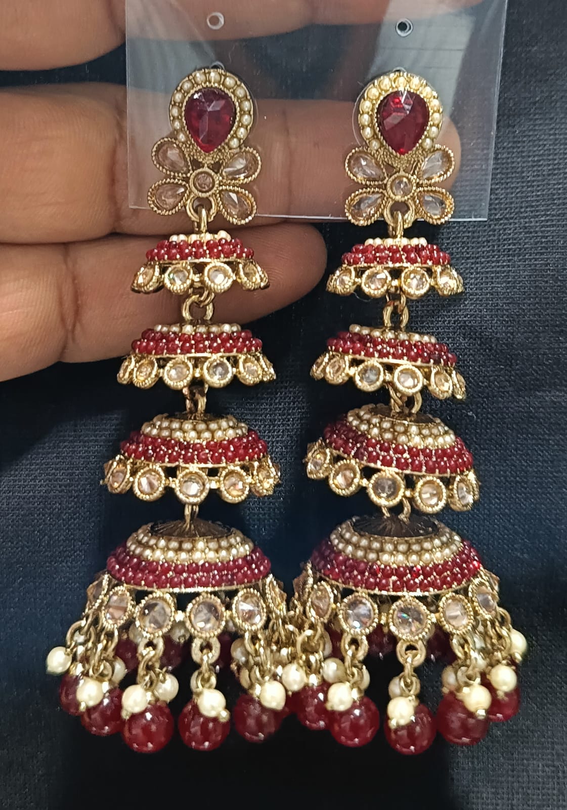 Multi-Tier CZ Jhumka Earrings with Dangling Beads - Lucentemarket
