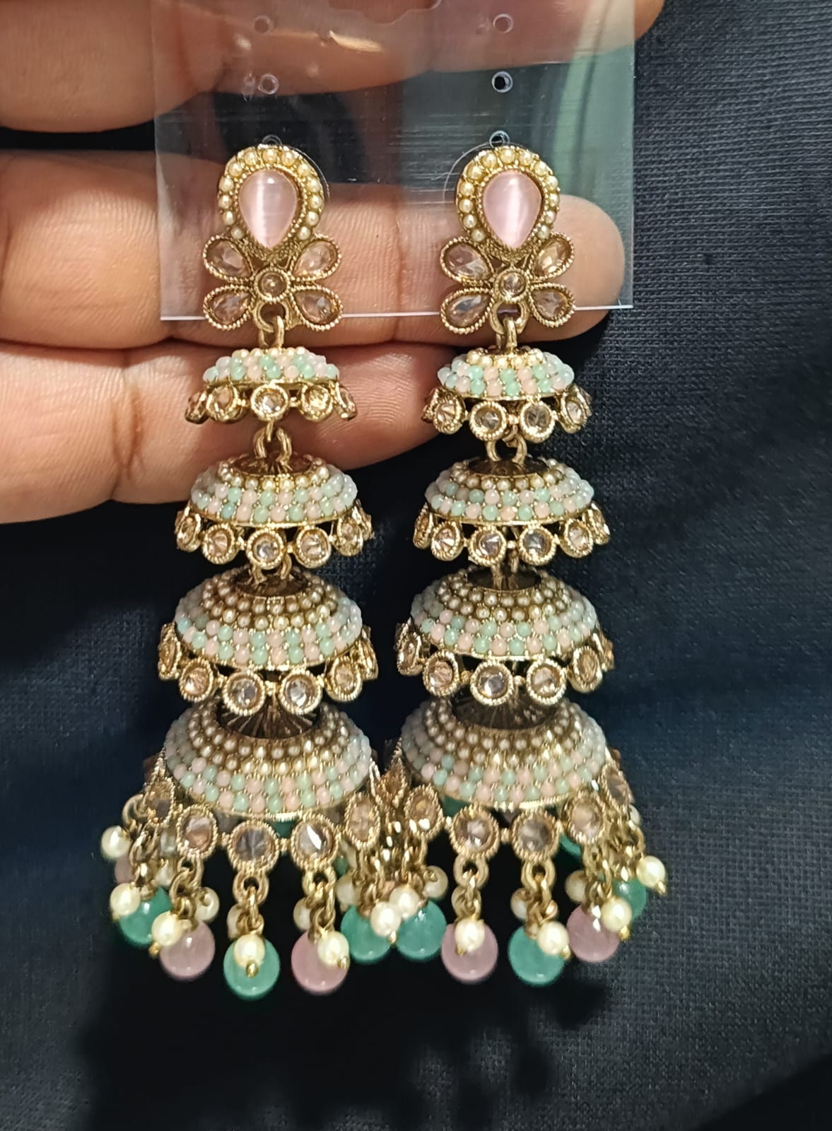 Multi-Tier CZ Jhumka Earrings with Dangling Beads - Lucentemarket