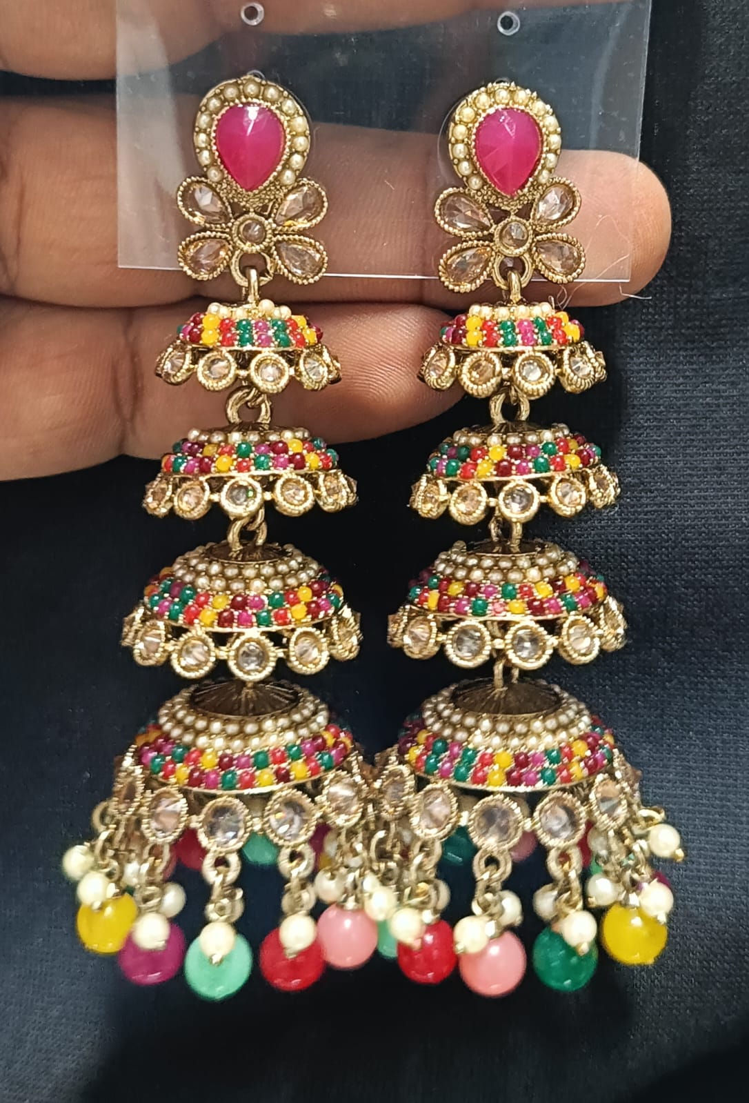 Multi-Tier CZ Jhumka Earrings with Dangling Beads - Lucentemarket