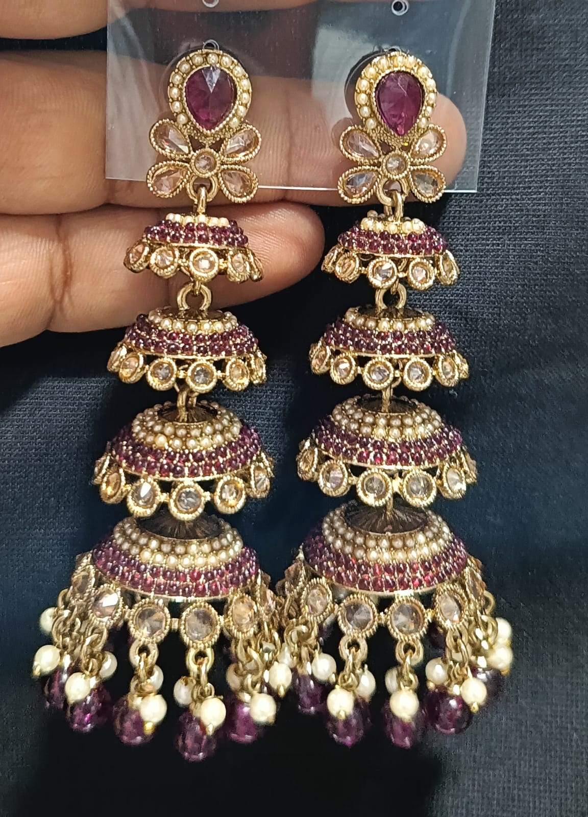 Multi-Tier CZ Jhumka Earrings with Dangling Beads - Lucentemarket