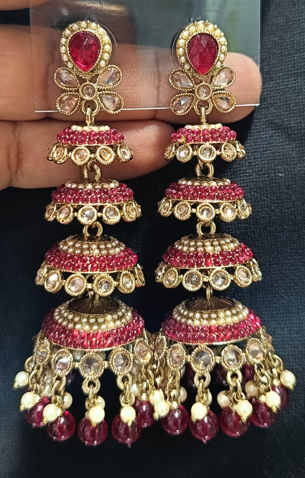 Multi-Tier CZ Jhumka Earrings with Dangling Beads - Lucentemarket